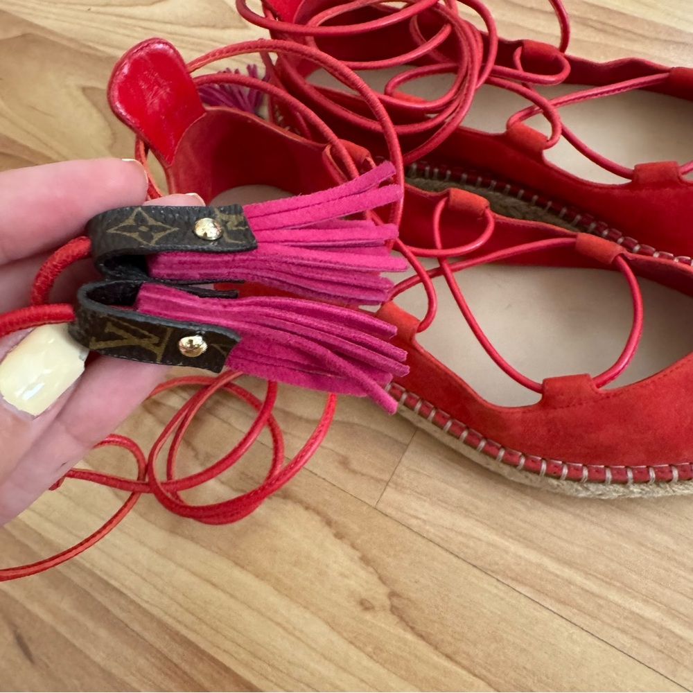 Louis Vuitton Red Suede Lace Up Espadrille Flats - Picture 13 of 14